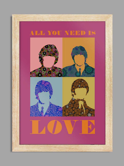 Beatles All You Need is Love in Pink. The Fab Four, John, Paul, George and Ringo in pop art style.