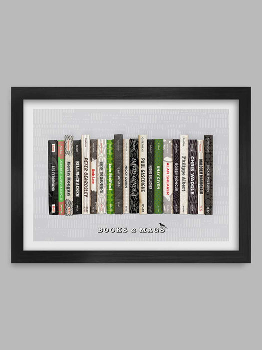 Books and Mags - Newcastle United poster print celebrates some of the great names in the club's history. It features the years they played for the club. Styled on the classic mid=century penguin book designs.