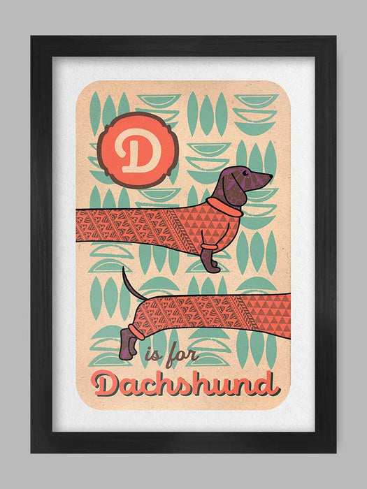 D is for Dachshund Poster Print. Alphabet themed retro style poster print. Sausage Dog poster