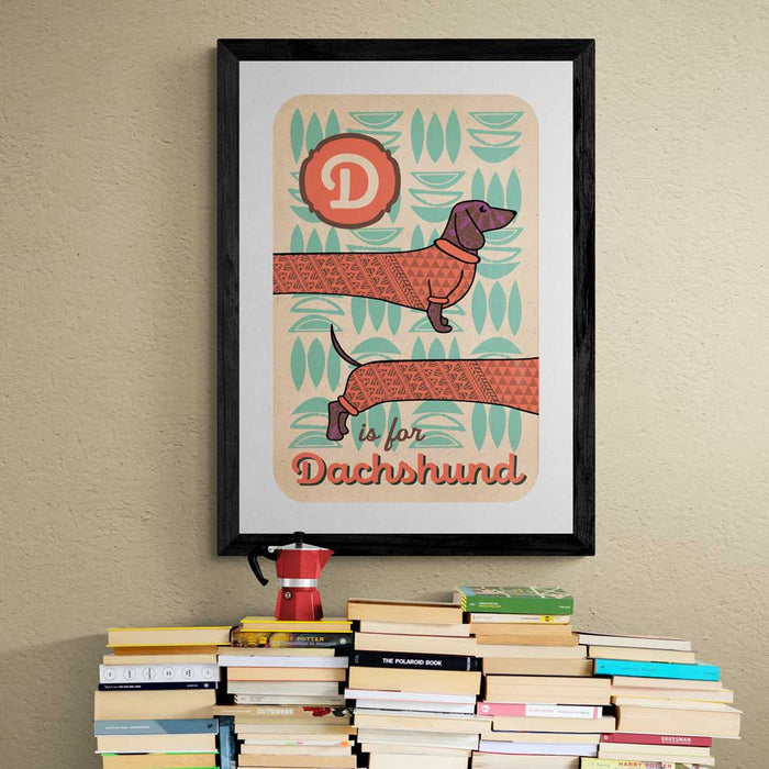 D is for Dachshund Poster Print. Alphabet themed retro style poster print. Sausage Dog poster