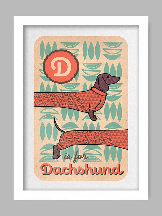 D is for Dachshund Poster Print. Alphabet themed retro style poster print. Sausage Dog poster