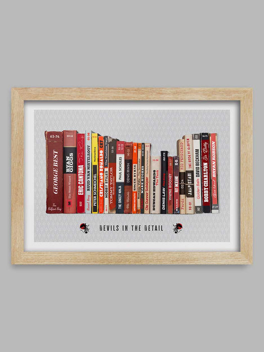 Devils in the Detail - Manchester United poster print celebrates some of the great names in the club's history together with their nickname and the years they played for the club. Styled on the classic mid=century penguin book designs.