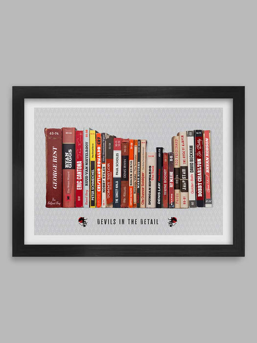 Devils in the Detail - Manchester United poster print celebrates some of the great names in the club's history together with their nickname and the years they played for the club. Styled on the classic mid=century penguin book designs.