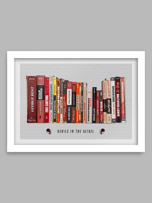 Devils in the Detail - Manchester United poster print celebrates some of the great names in the club's history together with their nickname and the years they played for the club. Styled on the classic mid=century penguin book designs.