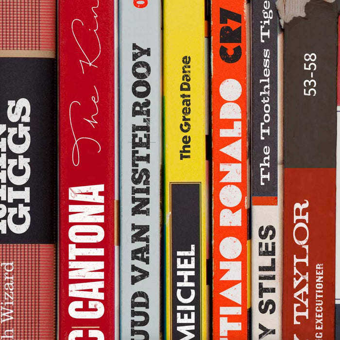 Devils in the Detail - Manchester United poster print celebrates some of the great names in the club's history. Styled on the classic mid=century penguin book designs.