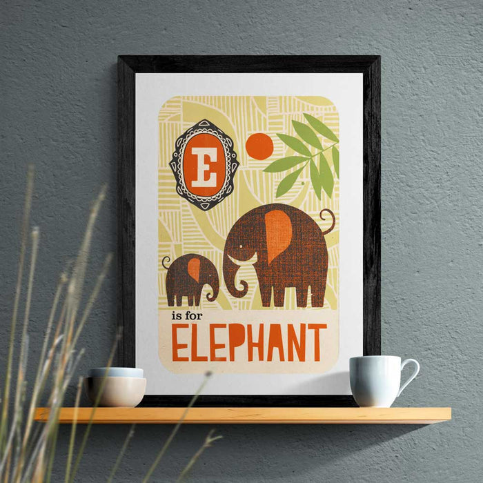 E is for Elephant Poster Print. Alphabet style retro poster.