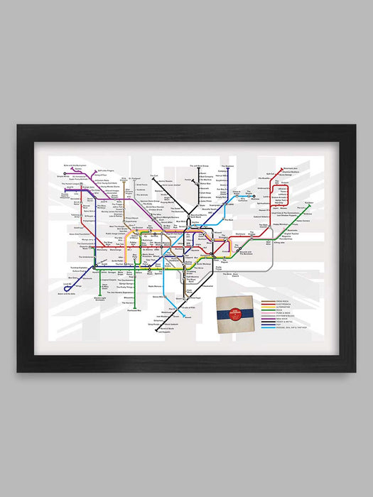 Going Underground - Music Poster Print is based on a version of the tube map where stations have been replaced with British bands.