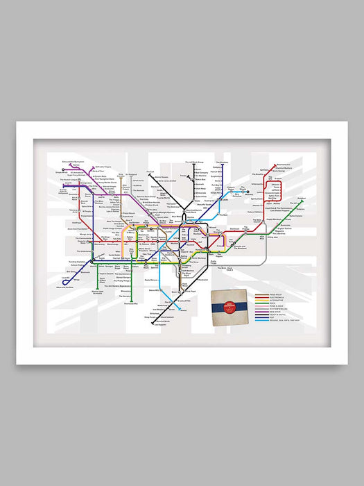 Going Underground - Music Poster Print is based on a version of the tube map where stations have been replaced with British bands.