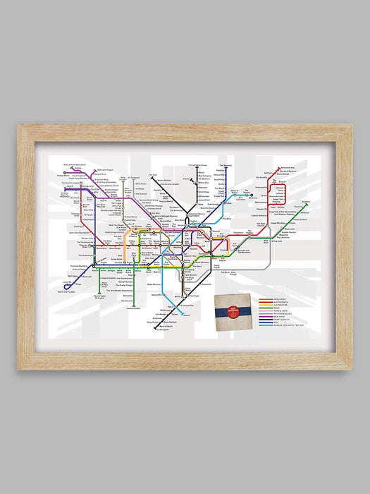 Going Underground - Music Poster Print is based on a version of the tube map where stations have been replaced with British bands.