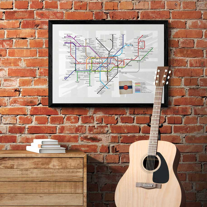 Going Underground - Music Poster Print is based on a version of the tube map where stations have been replaced with British bands.