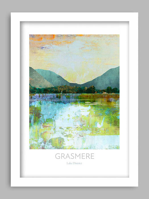 Grasmere Reflections - Lake District Poster Print. The water looking toward the village and Helm Crag