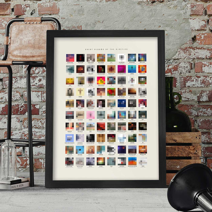 Great 90s Albums - Music Poster Print. A selection of some of the best albums of the 1990s. Each icon is a simplified version of the album cover. Albums are featured by each year.