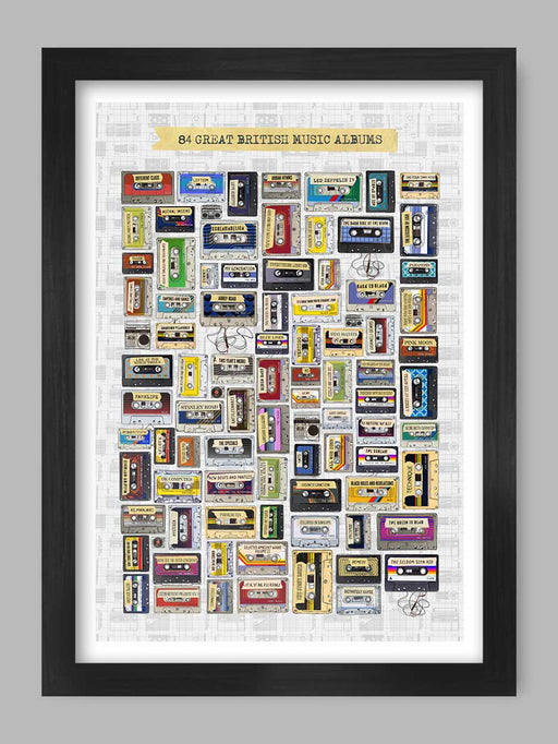 Great British Albums - Music Poster Print. A cassette style poster paying homage to some great British albums throughout history. 