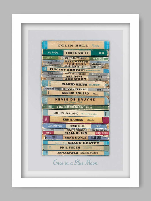 Once in a Blue Moon - Manchester City poster print celebrates some of the great names in the club's history. Styled on the classic mid=century Penguin book designs.