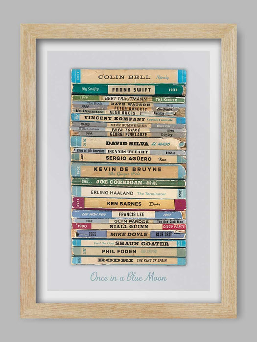 Once in a Blue Moon - Manchester City poster print celebrates some of the great names in the club's history. Styled on the classic mid=century Penguin book designs.