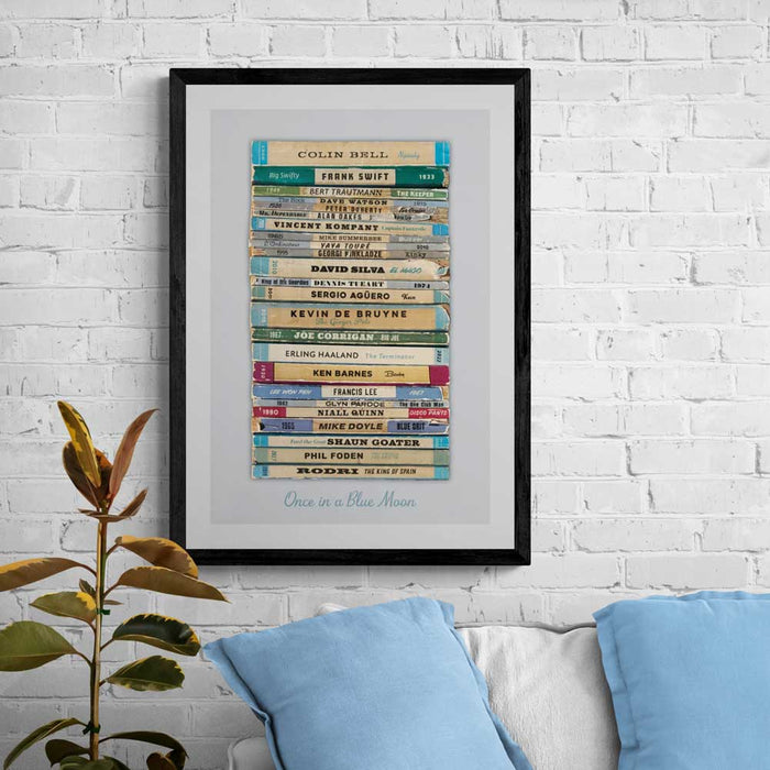 Once in a Blue Moon - Manchester City poster print celebrates some of the great names in the club's history. Styled on the classic mid=century Penguin book designs.