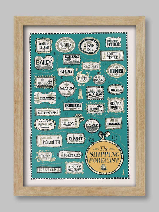 Shipping Forecast poster print in sea blue. Mostly good.